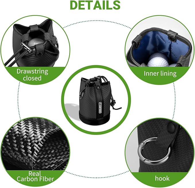 T-carbon Travel Gear Professional Valuables Golf Pouch;Bucket Waist Design Bag with Drawstrings;Carbon Fiber and Leather Golf Tee Bag for Glofers Men Women Very Practical Black