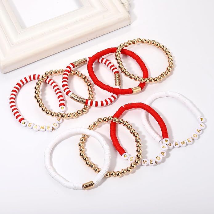 NLCAC 9 Pack Game Day Bracelets Stackable Heishi Beaded Stretchy Bracelet Preppy Jewelry Baseball Football Team Bracelets Sports Fan Accessories Gifts
