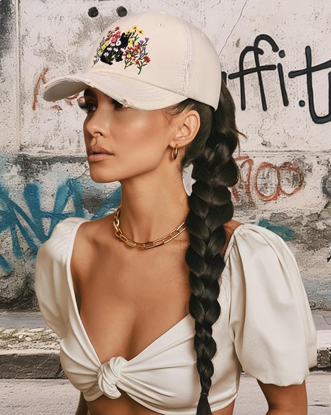 Flafens Women Pony Hats High Ponytail Baseball Caps - Cotton Vintage Washed Distressed Adjustable Criss Cross Trucker Hat
