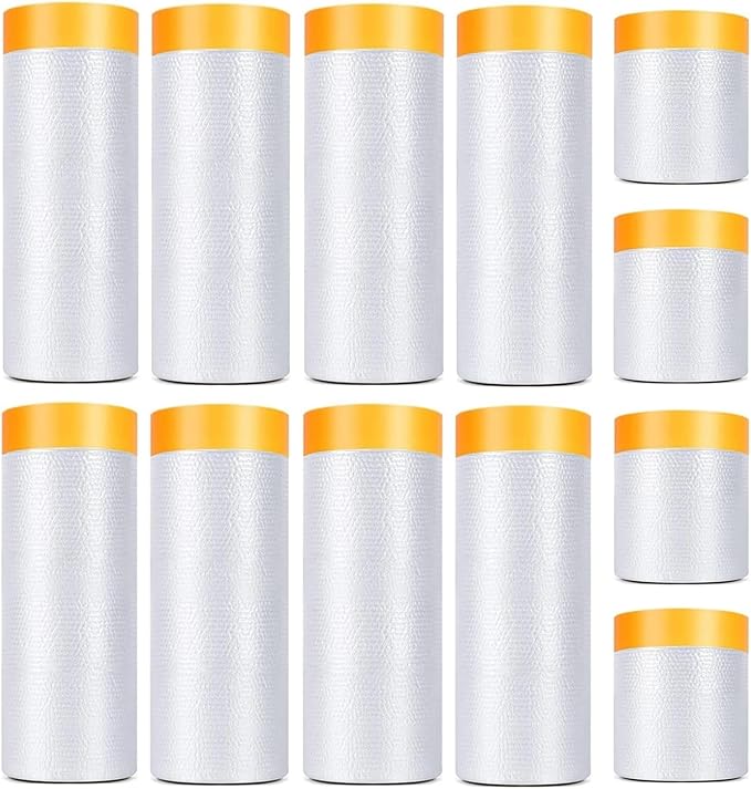 12 Pack Tape and Drape, 3 Sizes Pre-Taped Masking Film Plastic Sheeting Cover by KUANVE