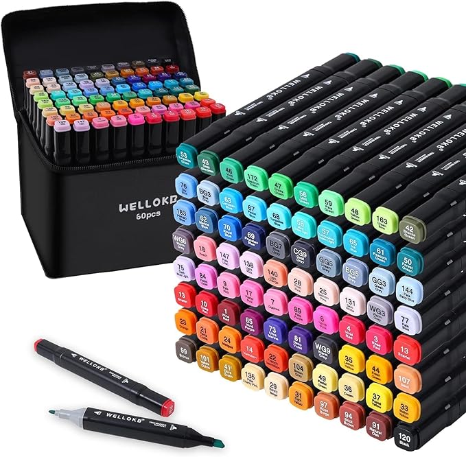 Alcohol Markers, 60 Colors Dual Tip Permanent Art Markers by WELLOKB