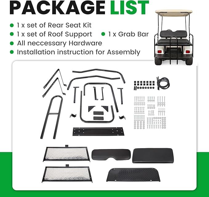 ECOTRIC Golf Cart Folding Rear Seat Kit W/Grab Bar Compatible with Club Car DS (1982-2000.5) Models Back Flip Seat Black