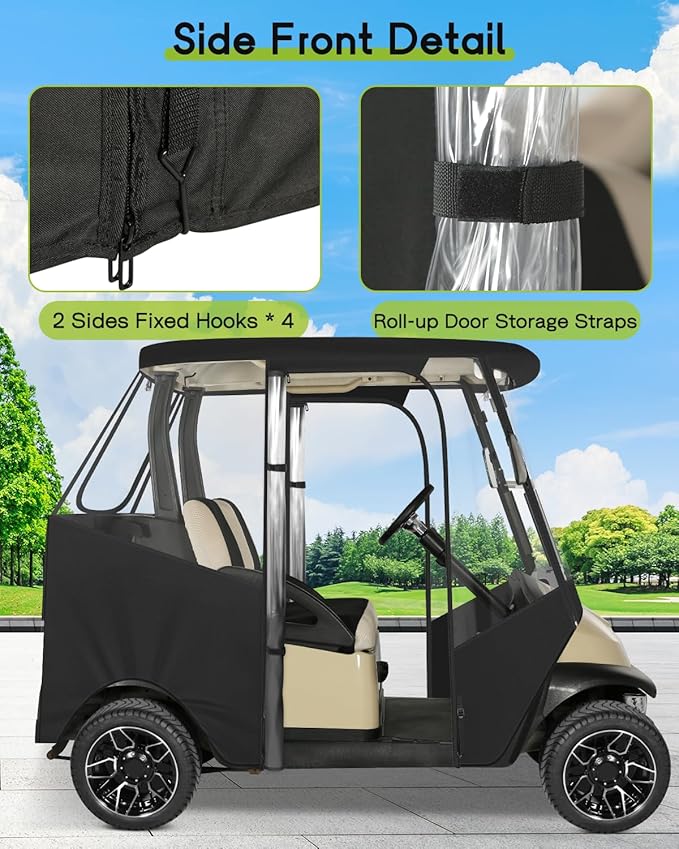 Golf Cart Enclosure 2 Passenger for Club Car Precedent Tempo Onward 2-Person Seaters 600D Waterproof Transparent Driving Rain Cover with 4-Sided Clear Windows Mirror Zipper Roll-Up Door Black