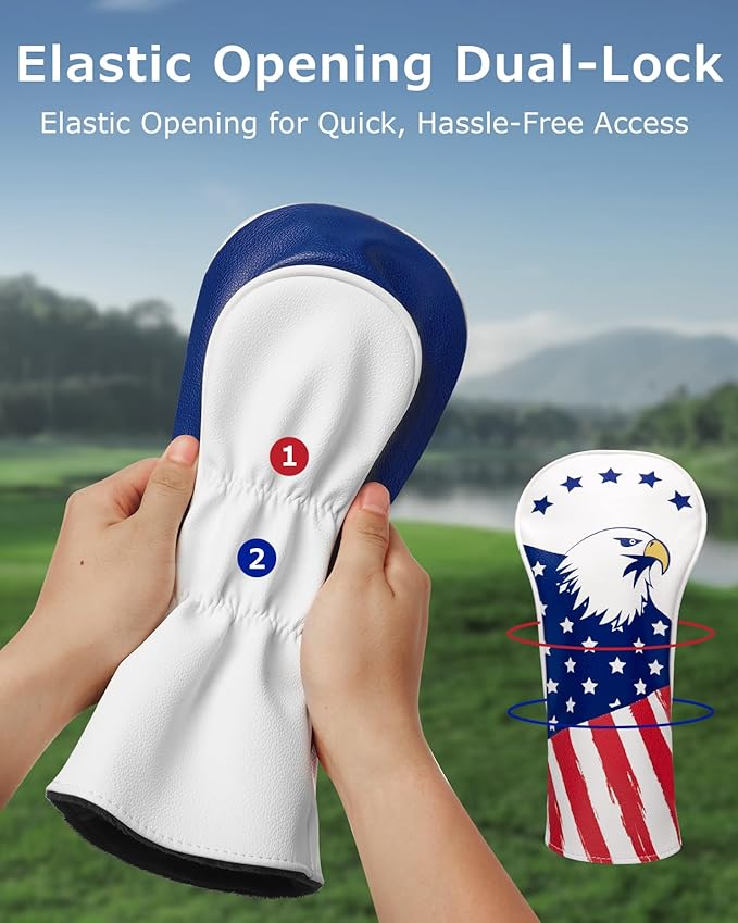 Fitense Golf Head Covers, 3 Pack Golf Club Head Covers USA Stars and Stripes, Velour Lined for Extra Club Protection, Designed to Fit All Woods and Drivers Velour Lined