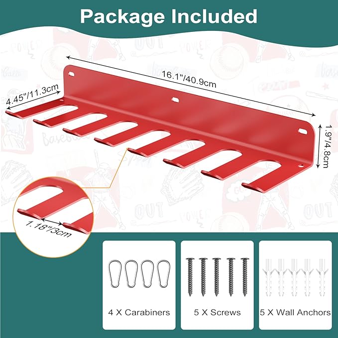 QBA Wall Mount Baseball Bat Holder, Heavy Duty Metal Bats Rack, Holds 14 Bats, Bat Organizer for Dugout Fence Home Garage (Red)
