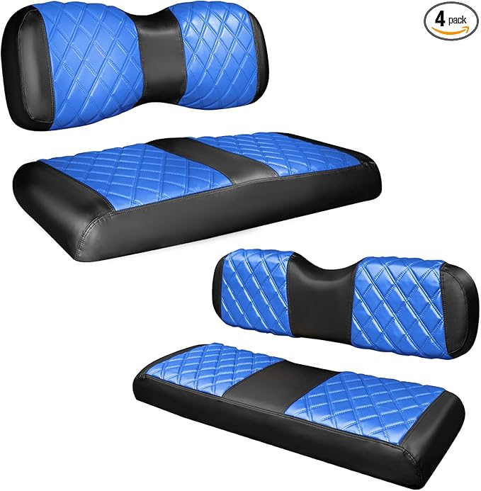 NOKINS 4PCS Golf Cart Diamond Seat Covers Kit,Front and Rear Seat Covers for Club Car Precedent/EZGO TXT/Yamaha Original Regular Seat Cushion (Blue and Black, Fit Yamaha Drive/Drive 2)