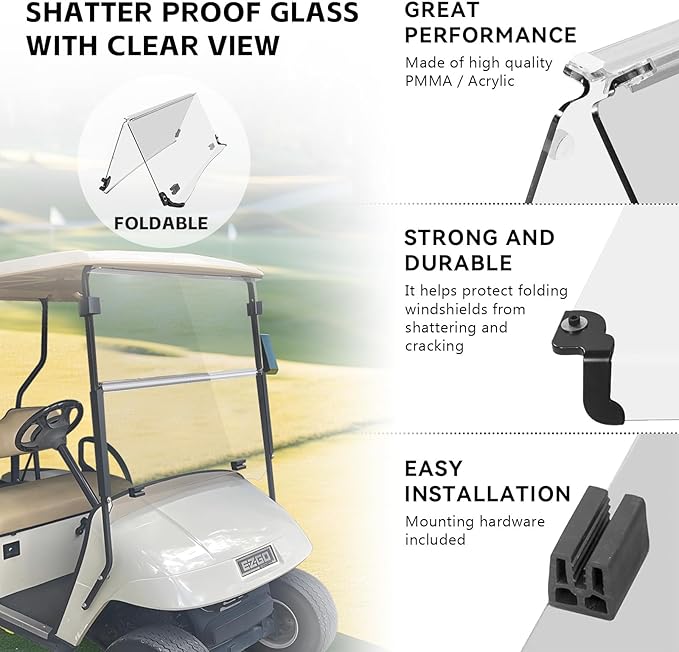 EZGO TXT Pre 2013 Flip Flop Compact Golf Cart Windshield, Clear Color, 3/16" Thickness, Fits EZGO TXT 1995-2013
