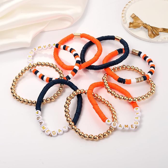 NLCAC 9 Pack Game Day Bracelets Stackable Heishi Beaded Stretchy Bracelet Preppy Jewelry Baseball Football Team Bracelets Sports Fan Accessories Gifts