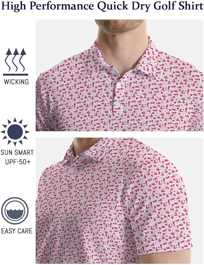 HUURAY Funny Golf Polos for Men Funny Print Short Sleeve Shirts Quick Dry Polo Shirts Hawaiian Shirt Performance Golf Outfits
