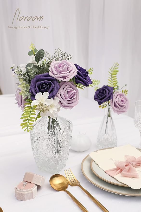 Floroom Artificial Flowers 25pcs Real Looking Lilac & Purple Foam Fake Roses - Image 2