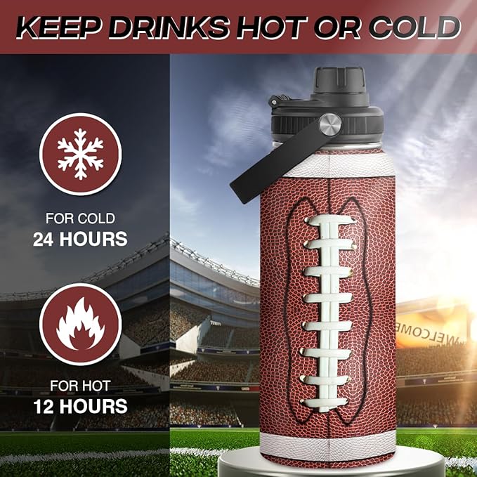 Football Water Bottle 32oz Stainless Steel Insulated Bottles for Men Boys Sports Lovers Fan Players Coach - Softball Gifts for Birthday Christmas