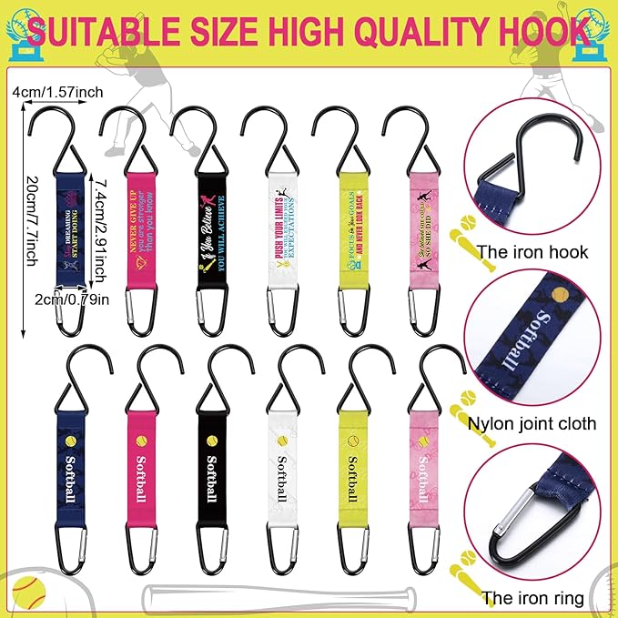 Vicenpal 12 Pcs Softball Nylon Fence Hooks for Softball Bag Team Gifts Inspirational Metal Fence Hook for Women Safety Buckles Multifunctional Hanging Buckles for Outdoor Sport Equipment Backpack