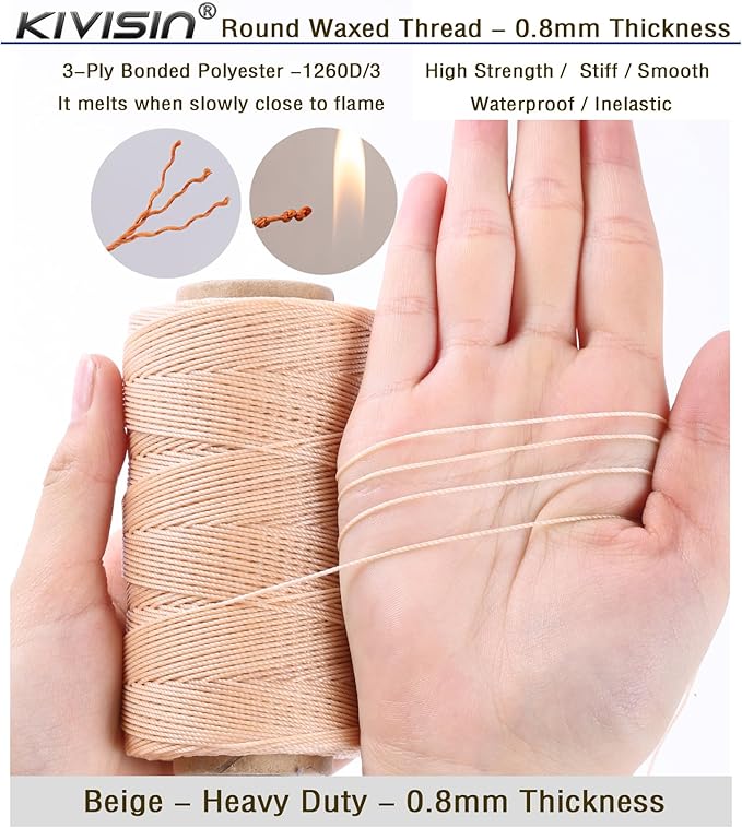 Bonded 0.8mm Round Waxed Polyester Cord, 3-ply Wax Coated Thread, 197 Yards - Image 3