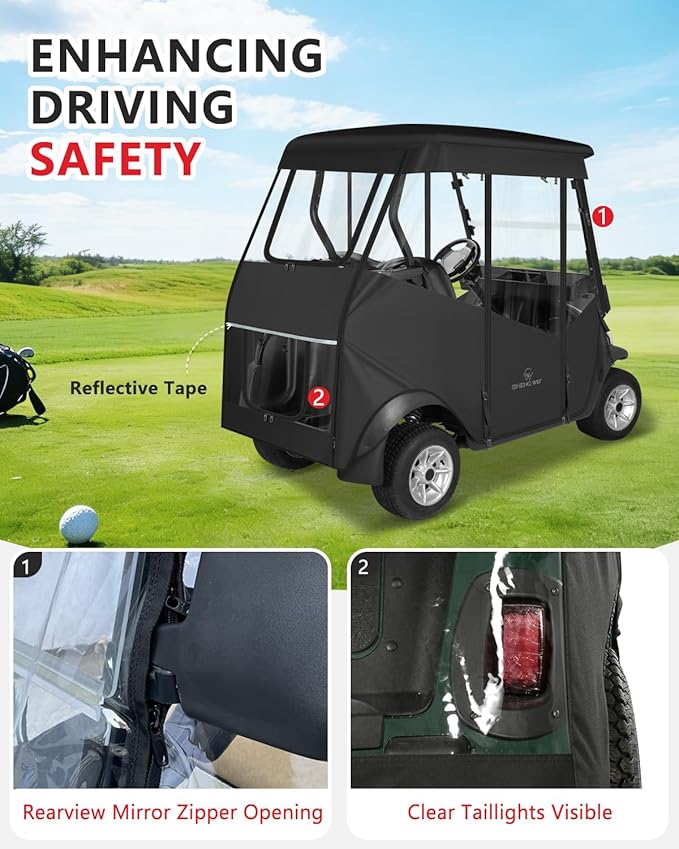 Golf Cart Enclosure 2 Passenger,Golf Cart Cover for EXCAR 2 Seater,Waterproof 600D Oxford Rain Cover Driving Enclosure,Roll Up 4-Sided Clear Windows&Door