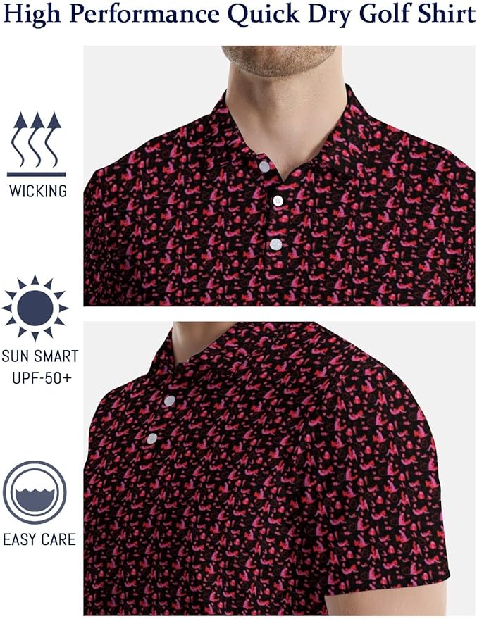 HUURAY Funny Golf Polos for Men Funny Print Short Sleeve Shirts Quick Dry Polo Shirts Hawaiian Shirt Performance Golf Outfits