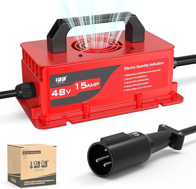 10L0L 48V Golf Cart Battery Charger for Club Car DS Precedent, 15Amp Smart Charger with 3-Pin Plug for Lead Acid Batteries, IP67 Waterproof, Auto Shut-Off