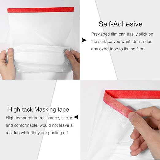uxcell Pre-Taped Masking Film, 7.9ft x 66ft High-Tack Painters Tape Plastic - Image 3