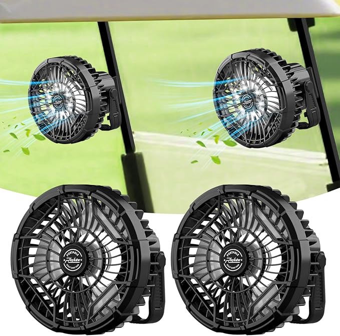 Roykaw 10400 mAh Magnetic Golf Cart Fan Portable Rechargeable Battery Powered, 24+ Hrs, w/LED Lights, Compatible with EZGO/Club Car/Yamaha & All Ironic-Body, Cordless & Remote Control, 2 PCS