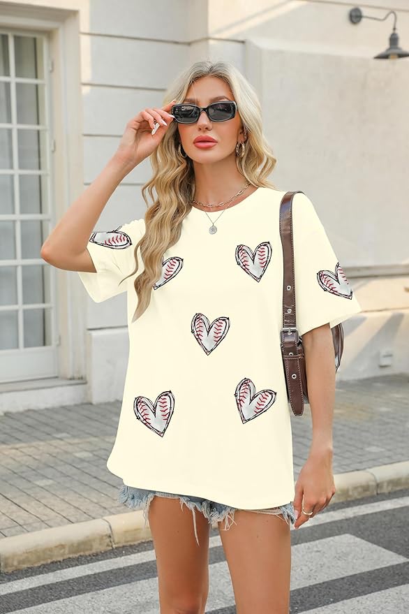 MOUSYA Baseball Shirts Women Oversized Baseball Mom Tshirt Baseball Heart Graphic Tee