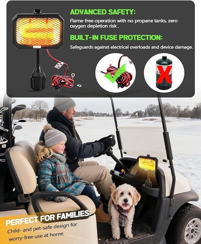 Xislet Golf Cart Electric Heater [2-Second Quick Heat] 400W Quiet & Safe Carbon Fiber Golf Cart Heater, Easy to Install Battery Powered Heater, Stable Fit 48V Club Car/Yamaha/EZGO