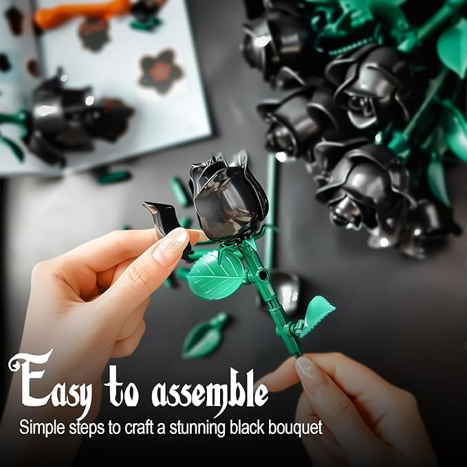 Black Roses Flower Building Set-12Pack, Compatible - Image 3