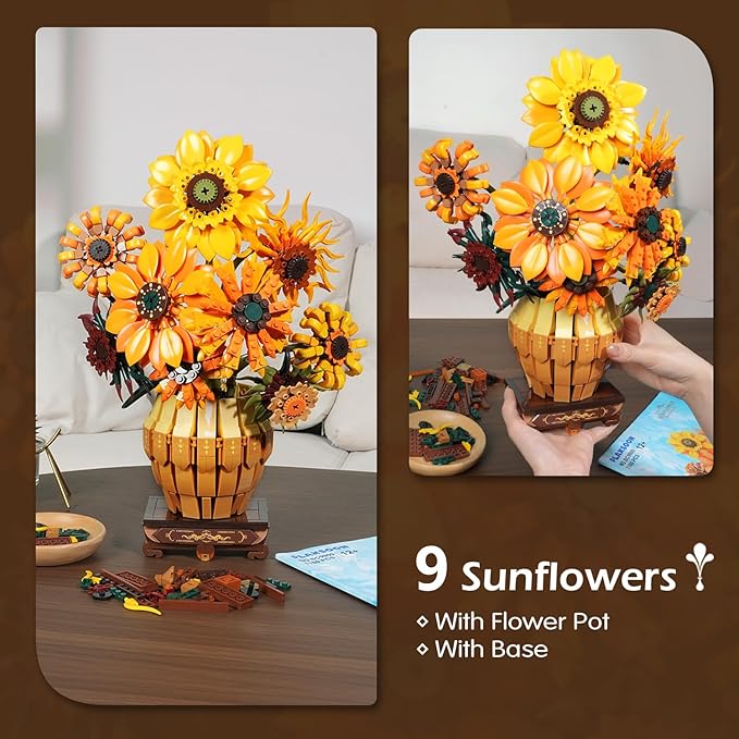 Sunflower Building Set with Lights Vase Base, Flowers Botanical Collection - Image 4