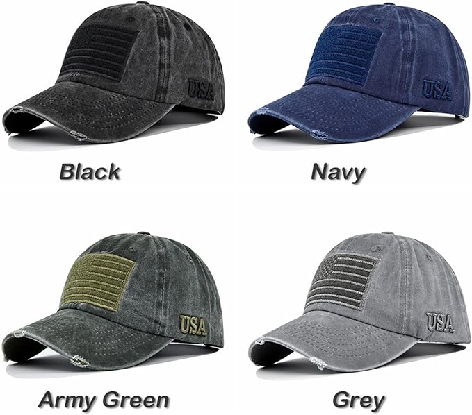 American Flag Baseball Cap, Embroidery Adjustable Washed Vintage Cotton Denim Distressed Hat for Women Men