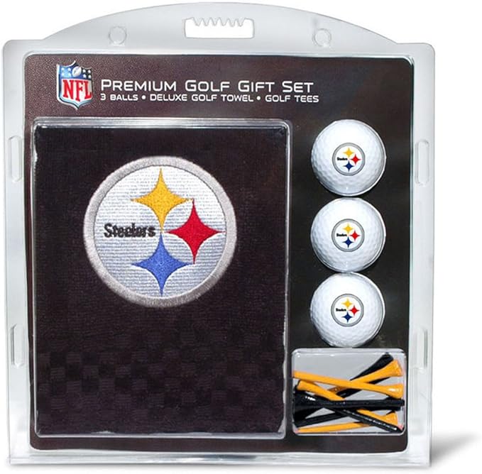 Team Golf NFL Pittsburgh Steelers Gift Set: Embroidered Golf Towel, 3 Golf Balls, and 14 Golf Tees 2-3/4" Regulation, Tri-Fold Towel 16" x 22" & 100% Cotton
