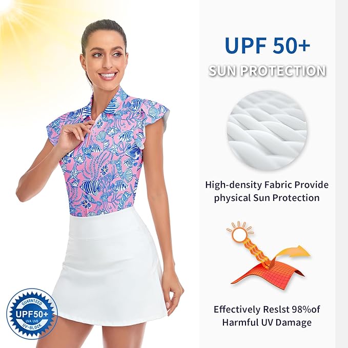 Soneven Womens Petal Sleeve Golf Shirts Moisture Wicking Lady Golf Apparel Print Tennis Sport T Shirt