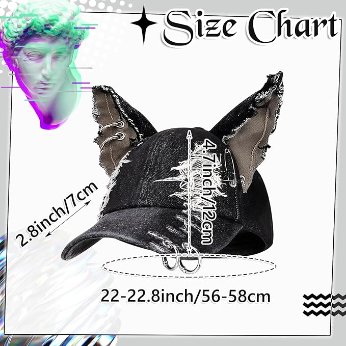 Shyyween Y2K Grunge Hat with Ears Bunny Ear Hat Cat Distressed Denim Baseball Cap Iron Ring Punk Outfit for Women Accessories