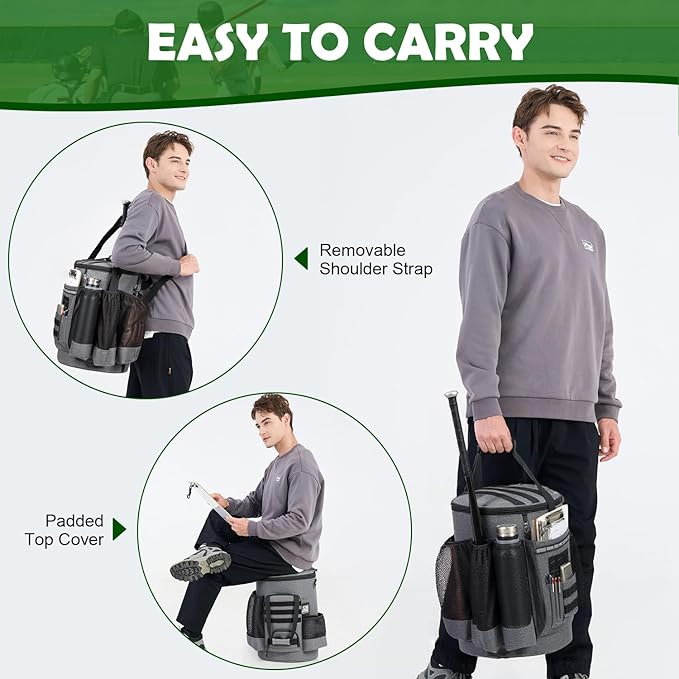 Baseball Bucket Bag Baseball Coaching Accessories Organizer Softball Bucket Bag with Anti-Slip Bottom & Multiple Pockets for Bat, Gloves, Scoreboards