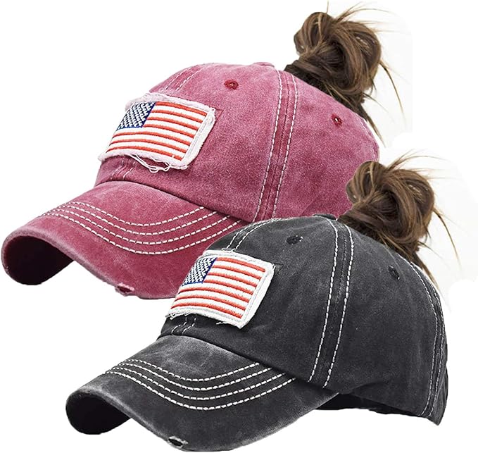 Distressed Ponytail Hat for Women American-Flag Pony Tail Caps High Bun