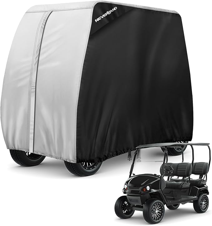 NEVERLAND Golf Cart Cover 4 Passenger - Outdoor Waterprood Golf Cart Covers, 420D Club Car Covers with Air Vent Compatible with EZGO Yamaha Club Car 4 Seat (Up to 112 Inch)-Black+Sliver