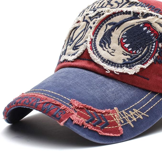 Elwow Men's Oilcloth Front Decor Washed Distressed Embroidery Baseball Cap Driver Trucker Hat with Eagle & Shark Patch