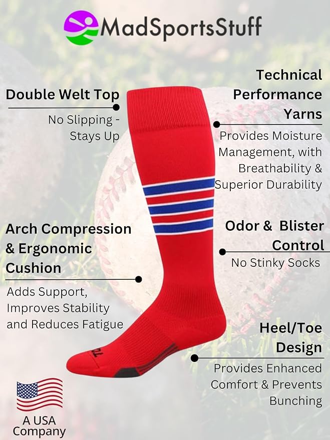 MadSportsStuff Softball Socks Baseball Socks | White & Team Colors | USA Made | Sizes for Girls, Youth Boys, Men & Women
