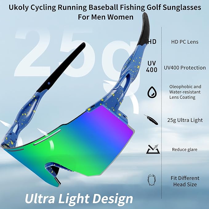 Ukoly Cycling Sunglasses for Men Women with 3 Interchangeable Lenses, Polarized Sports Sunglasses, Baseball Sunglasses