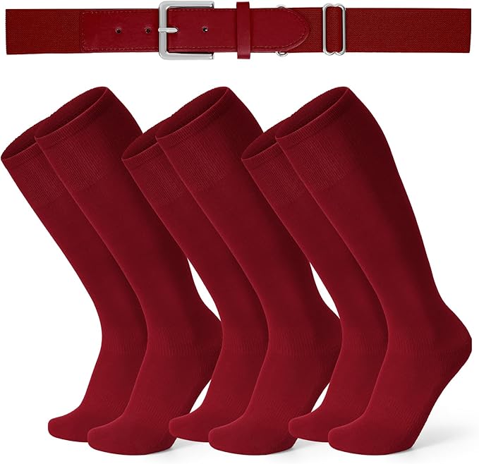 XZQTIVE 3 Pairs of Baseball Softball Socks and 1 Baseball Softball Belt Combo Set Knee-High Soccer Socks for Kids Youth Adult
