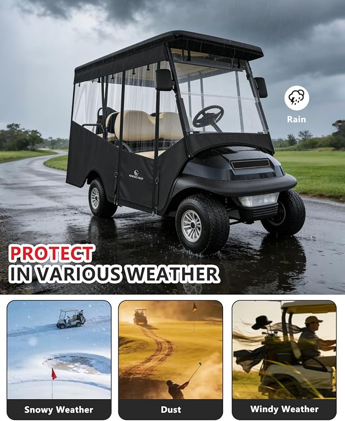 Golf Cart Enclosures 4 Passenger,Golf Cart Cover for Club Car Precedent Long Roof 2+2 Seater,Waterproof 600D Driving Rain Cover,Roll Up 4-Sided Clear Windows&Door,Club Car Golf Cart Cover Accessories