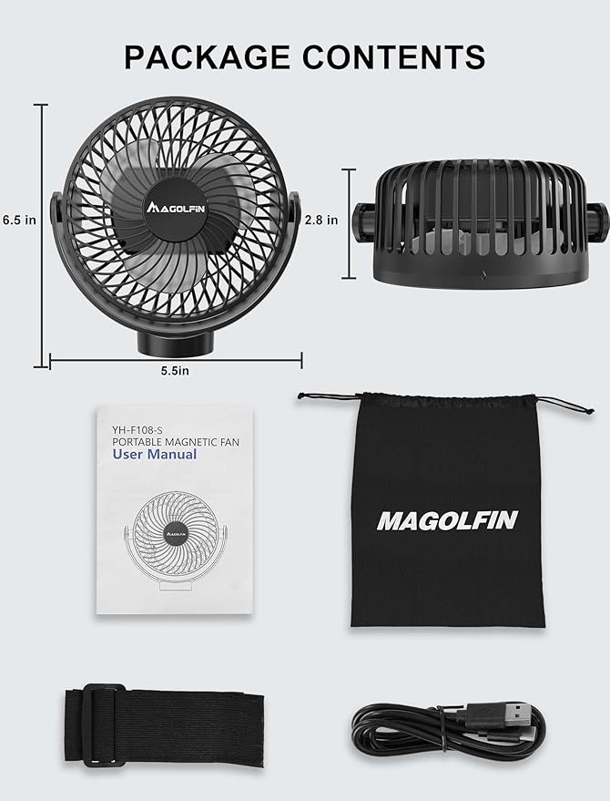 Magnetic Golf Cart Fan Rechargeable, 12000mAH Battery Operated Portable Fan with 3 Speeds, LED Lantern, Magnetic Base, Compatible with EZGO Club Car Yamaha, Golf Cart & Cruise Ship Accessories