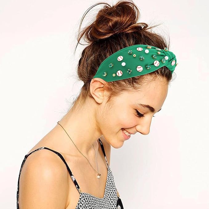Baseball Headbands for Women Crystal Baseball Embellished Wide Top Knot Headband for Women Game Day Hair Accessories (Green)