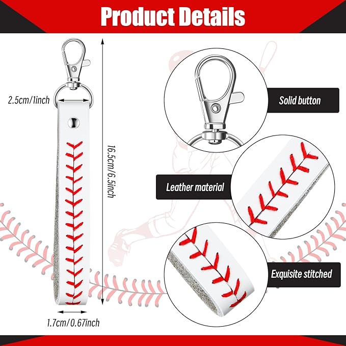 Inbagi 6 Pcs Leather Baseball Keychains for Boys White Seamed Keychain Sports Softball Keychains Baseball Gifts for Boys Wristlet Strap Keychain for Car Purse Accessories Players Sports Team Souvenir