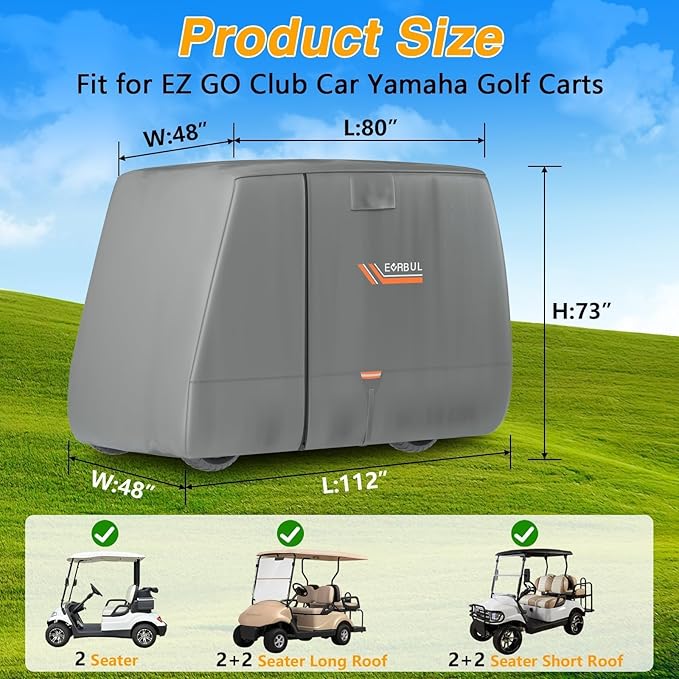 EVRBUL Golf Cart Cover 2/2+2/4 Passenger Heavy Duty 420D Waterproof Golf Cart Covers with Three Zipper Doors Compatible with EZGO, Club Car, Yamaha Golf Carts,Windproof Sunproof Golf Cart Cover (Gray)