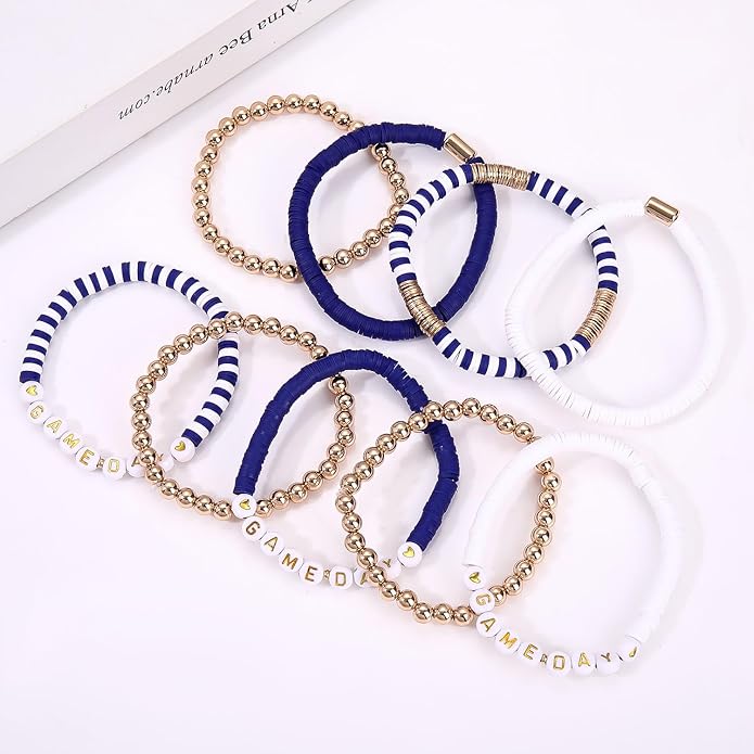 NLCAC 9 Pack Game Day Bracelets Stackable Heishi Beaded Stretchy Bracelet Preppy Jewelry Baseball Football Team Bracelets Sports Fan Accessories Gifts