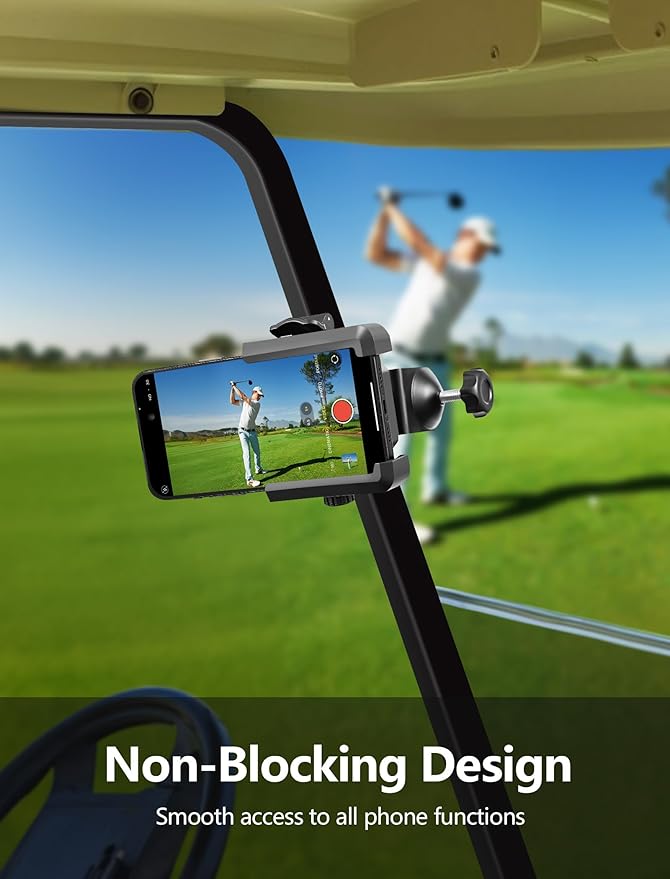 TOPGO Golf Cart Phone Holder for Yamaha/EZGO/Club Car, Golf Cart Accessories Gift for Men, Secure Phone Mount with Square Clip & Dual Swivel, Fits iPhone/Samsung/Pixel up to 7 Inch - Black