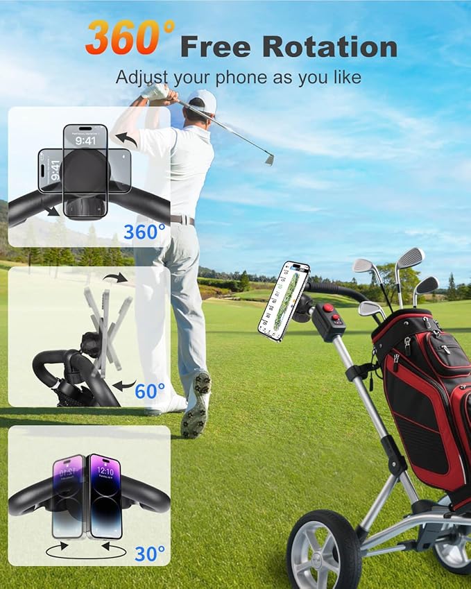 Magnetic Golf Push Cart Phone Holder MagSafe Hands-Free 360° Adjustable with Strong Magnets Phone Mount Compatible with Clicgear, Bag Boy, Sun Mountain, Golf Push Cart Accessories for All Cell Phones