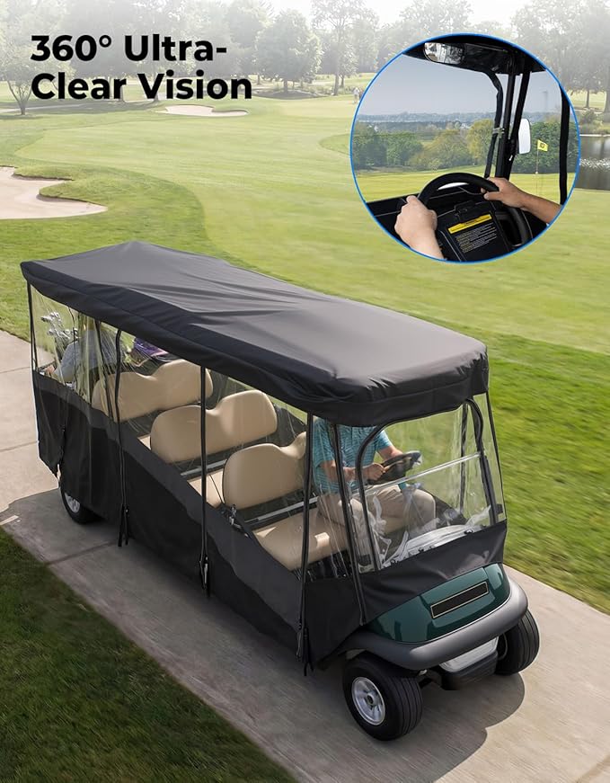 KEMIMOTO Golf Cart Enclosure 8 Seat, 600D Waterproof Golf Cart 8 Passenger Enclosure with Clear Windshield Compatible with Club Car Villager, Evolution D5-Ranger, Concierge