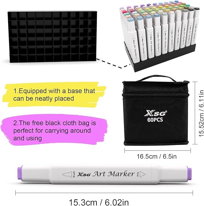 XSG Alcohol Markers, 60 Colors Dual Tip Brush & Fine Tip Art Marker Set - Image 2