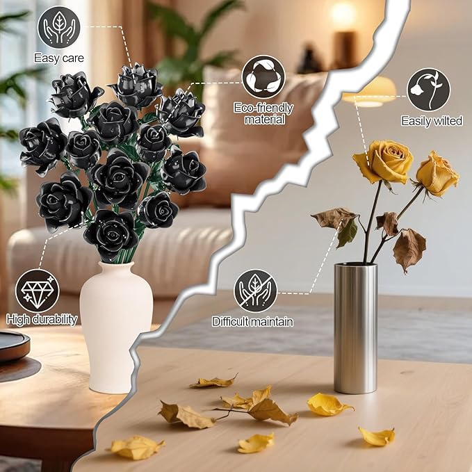 Black Roses Flower Building Set-12Pack, Compatible - Image 2