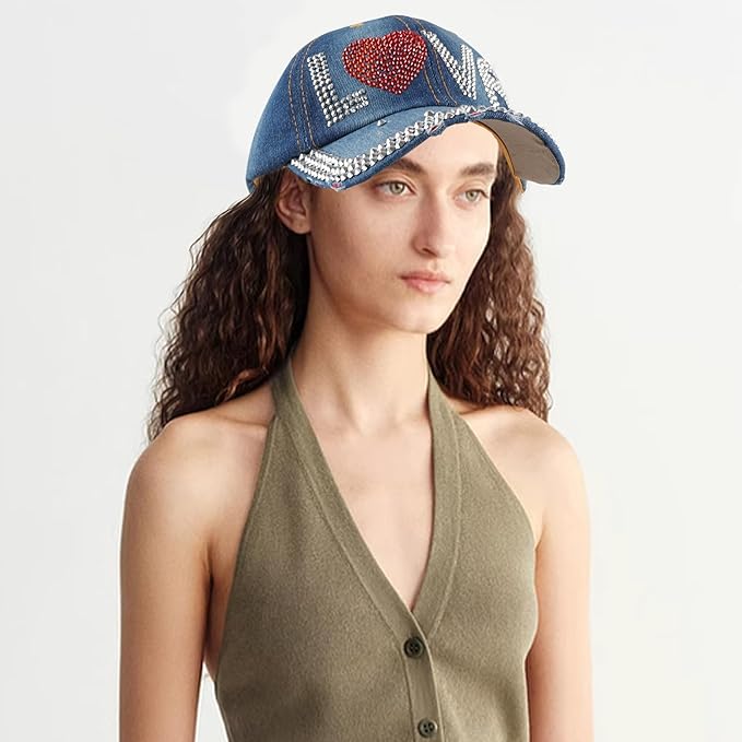 Hoce Fashion Rhinestone Denim Baseball Cap Studded Bling Hat for Women