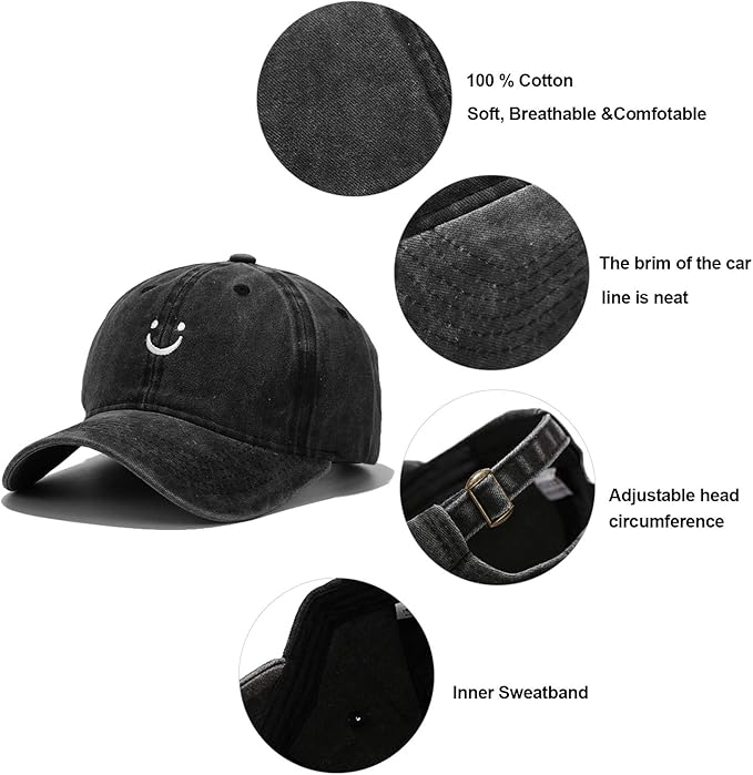 Smile Face Baseball Cap Vintage Distressed Low Profile Unstructured Cotton Dad Hat Adjustable for Women Men